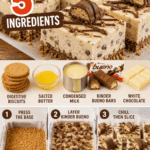 Ingredient-style view of Kinder Bueno slice with digestive biscuits, condensed milk, butter, white chocolate, and Kinder Bueno pieces.