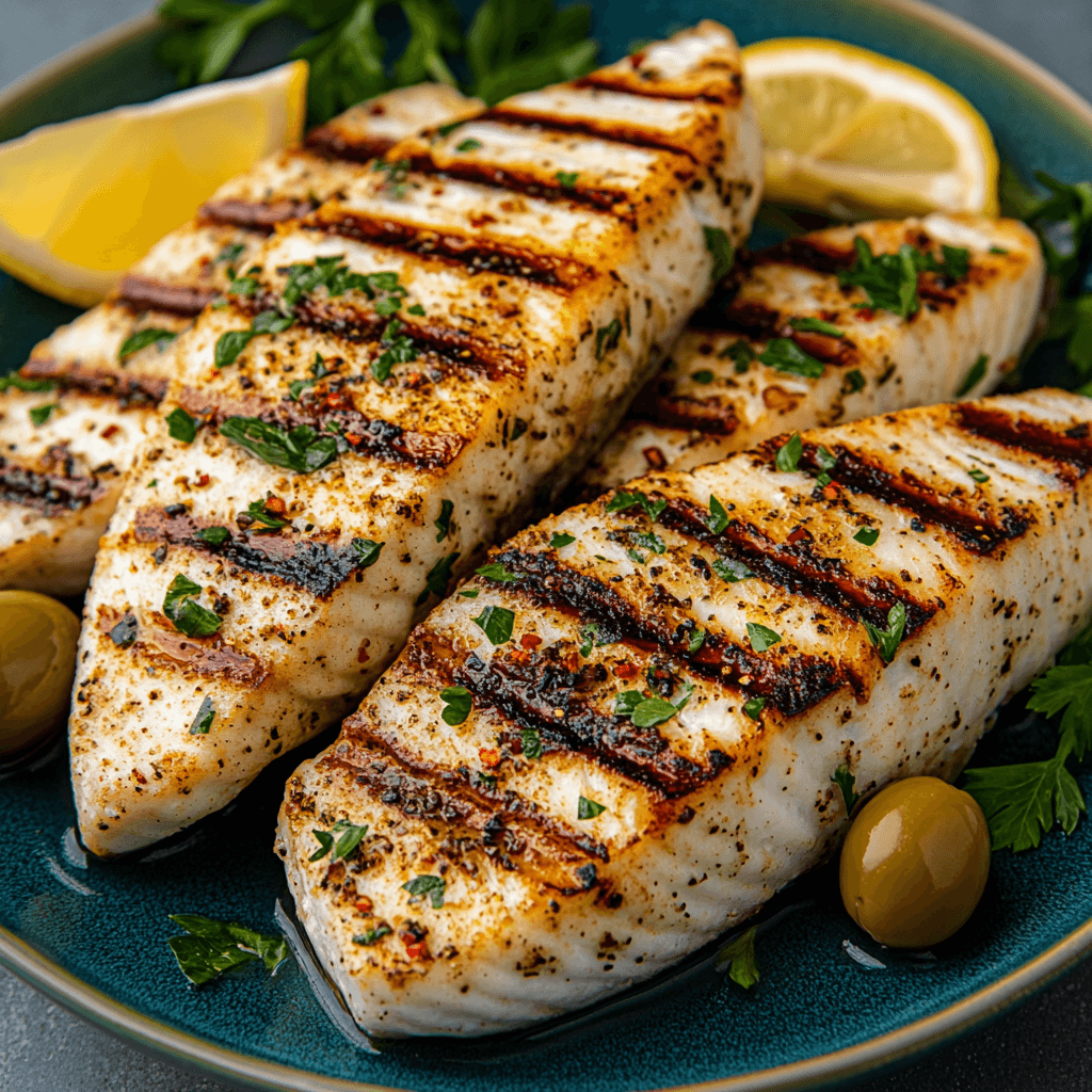 Grilled swordfish fillets garnished with fresh herbs, served with lemon slices and green olives on a blue plate.