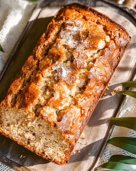 A golden-brown loaf of Hawaiian banana bread with a cracked top, displayed on a wooden tray in natural sunlight.