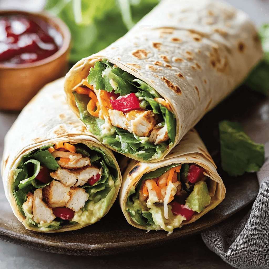 Grilled chicken wrap filled with fresh lettuce, avocado, and vibrant vegetables, held together by soft tortilla wrap, with salsa on the side.