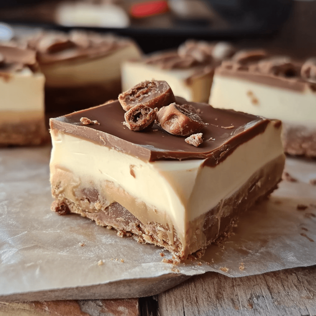 A no-bake Kinder Bueno slice with layers of biscuit base, creamy filling, and chocolate topping, garnished with chopped Kinder Bueno pieces