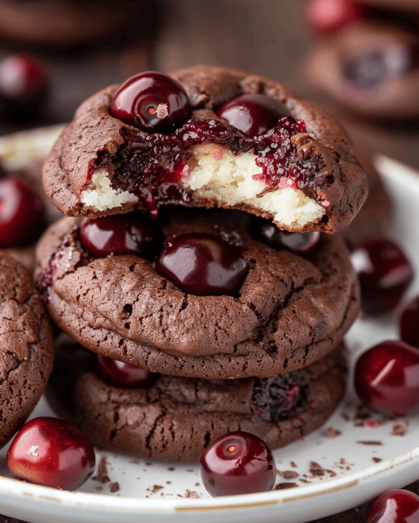 A stack of rich chocolate cookies filled with a cherry and cream cheese filling, garnished with fresh cherries.