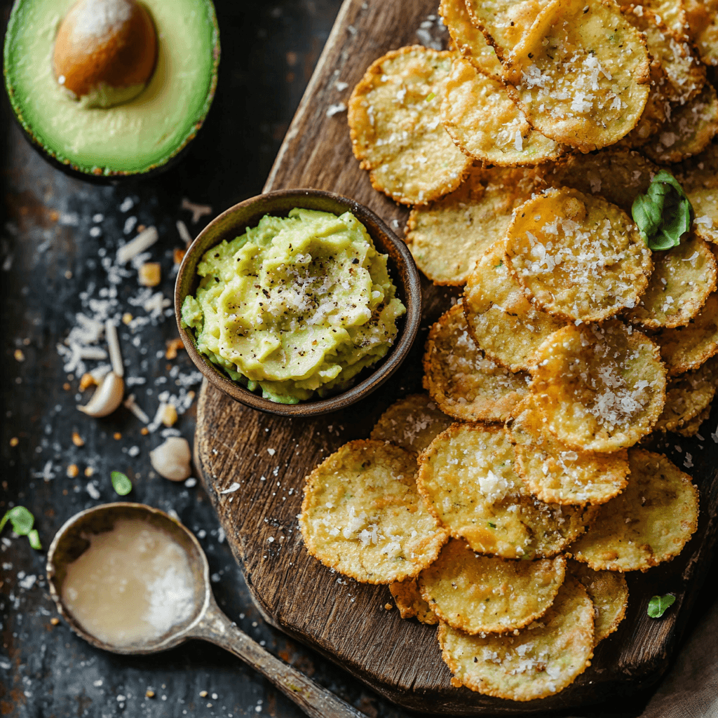 Crispy avocado chips topped with Parmesan cheese served on a wooden board with a bowl of mashed avocado dip