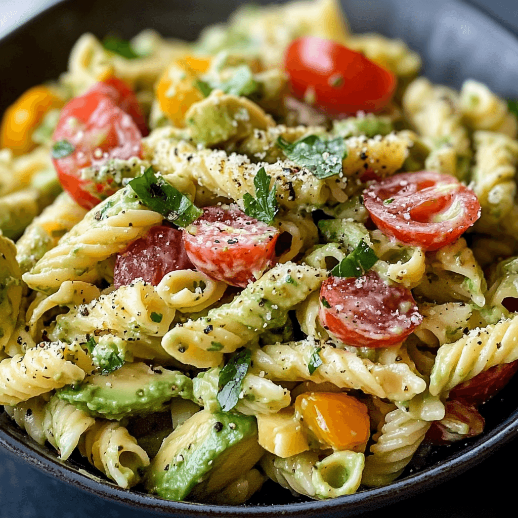 A vibrant bowl of avocado pasta salad with cherry tomatoes, fresh herbs, and a creamy avocado dressing, garnished with freshly ground black pepper and Parmesan cheese