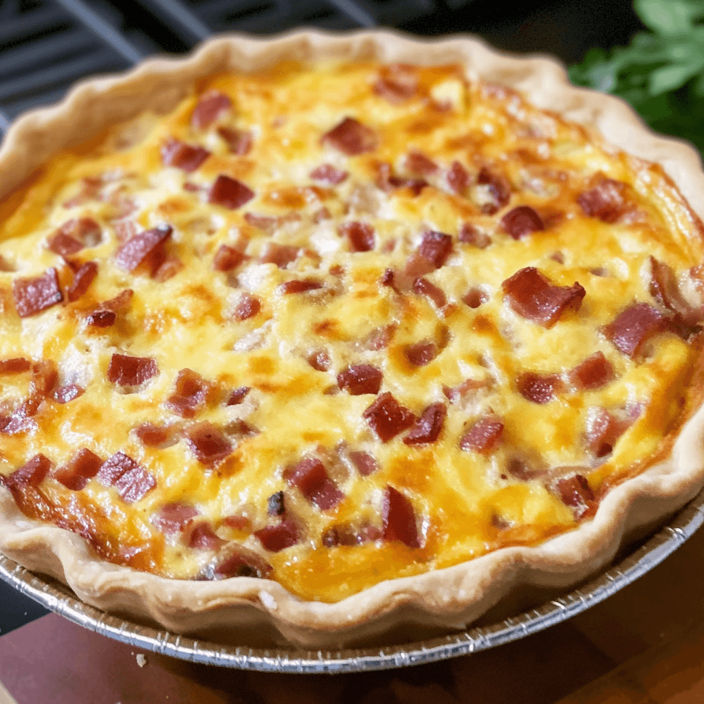 A freshly baked bacon and cheese quiche with a golden, flaky crust.