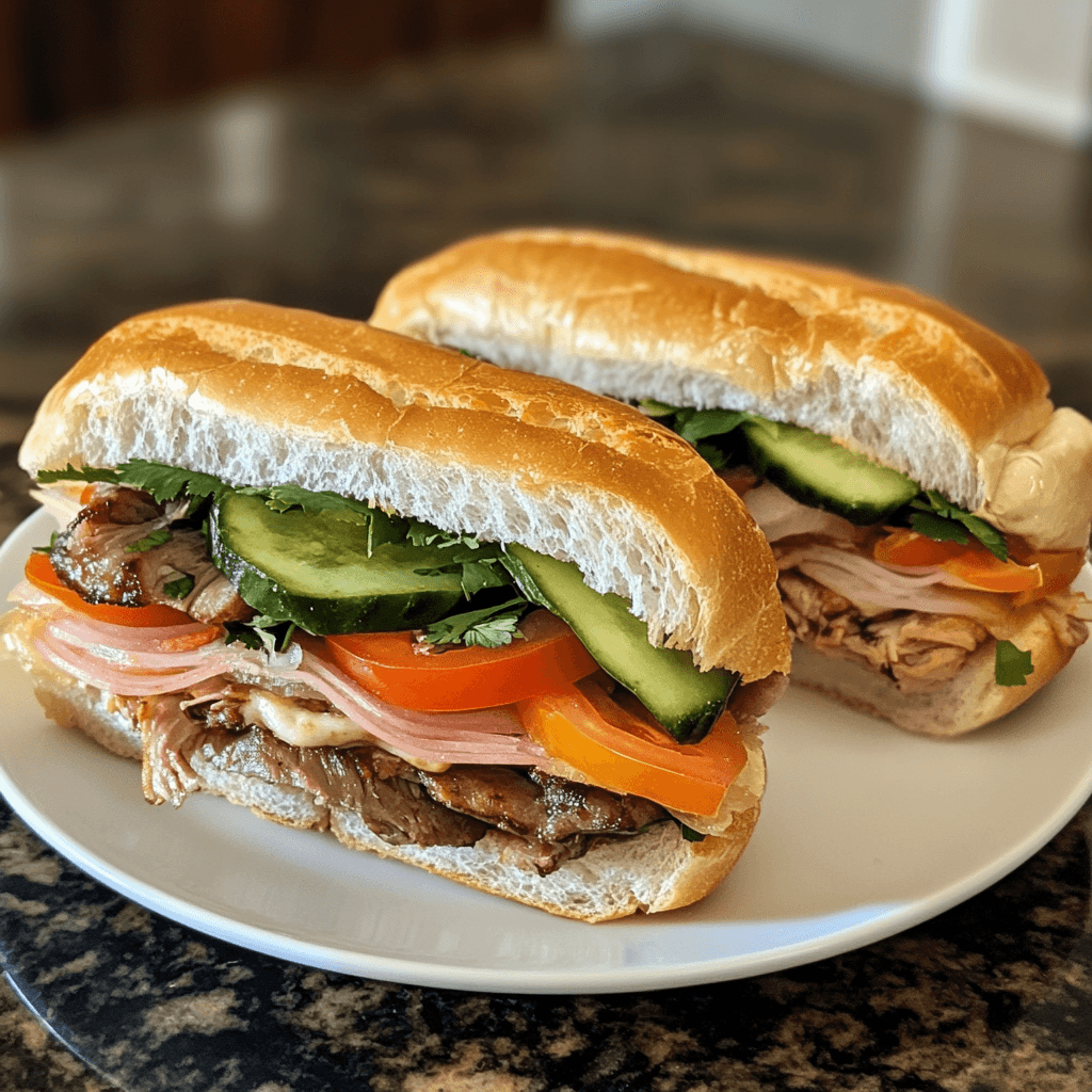 A plate featuring two freshly made Banh Mi sandwiches filled with grilled meat, cucumbers, tomatoes, pickled vegetables, and fresh herbs.