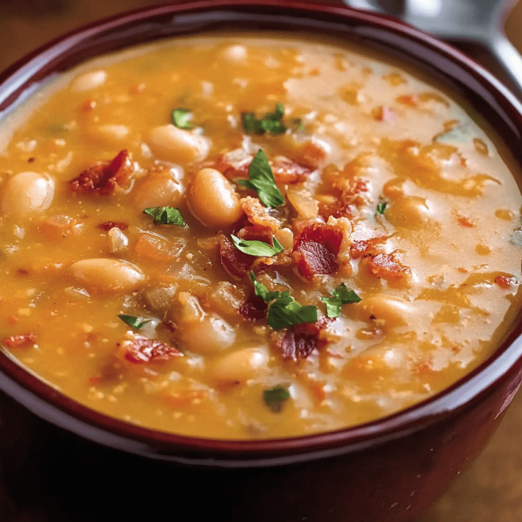 A warm bowl of bean with bacon soup garnished with crispy bacon bits and fresh parsley