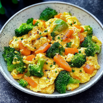 A vibrant plate of scrambled eggs mixed with steamed broccoli and carrots, served in a speckled bowl.