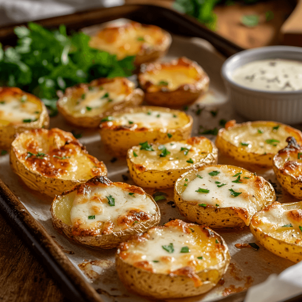 A close-up of golden-brown roasted potato halves topped with melted cheese and fresh herbs, served with a side of ranch dressing on a tray.