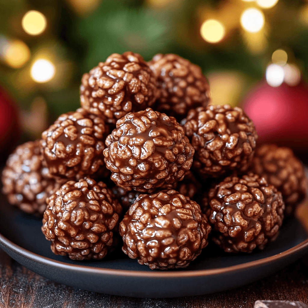 Festive chocolate rice cereal balls stacked on a black plate with holiday lights in the background