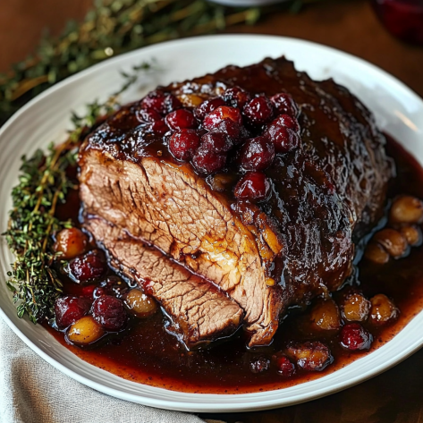 Succulent beef roast glazed with cranberry balsamic sauce, garnished with fresh cranberries and herbs on a white plate