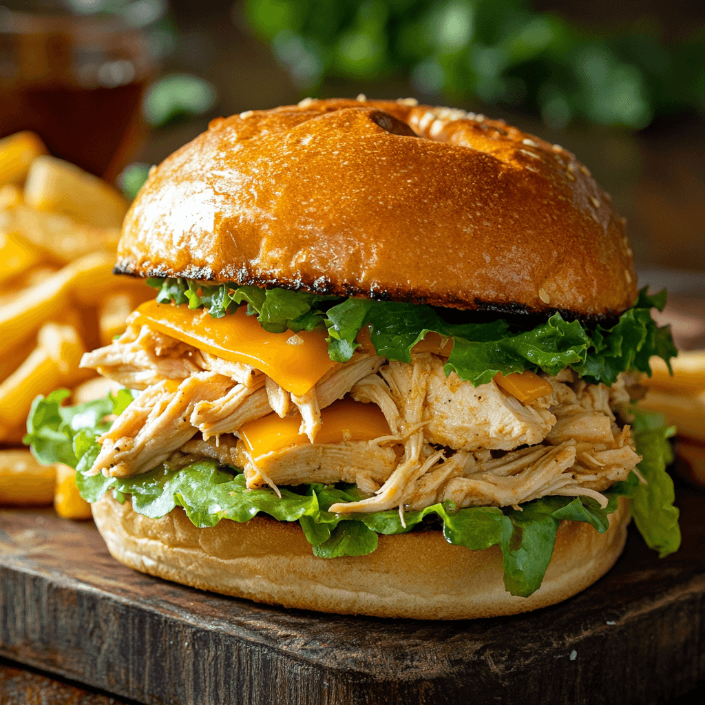 A delicious Crock Pot Ranch Chicken Sandwich loaded with shredded chicken, melted cheese, fresh lettuce, and served on a golden bun with fries in the background