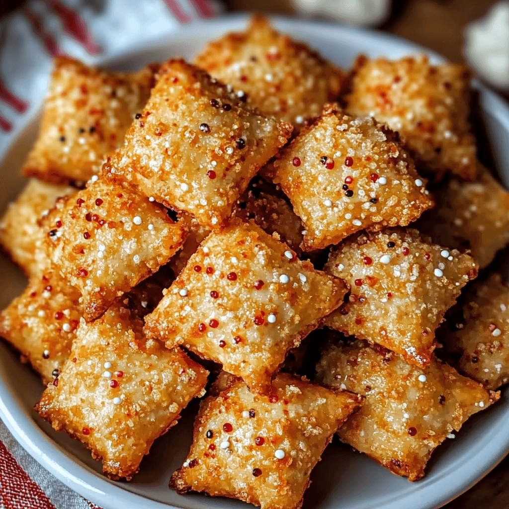Easy Alabama Firecracker snacks, crispy bite-sized crackers seasoned with spicy flavors and colorful sprinkles, served in a white bowl.