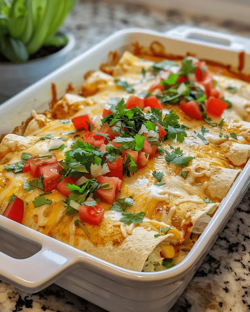 A baking dish filled with cheesy enchiladas topped with melted cheese, chopped tomatoes, onions, and fresh cilantro, ready to be served.