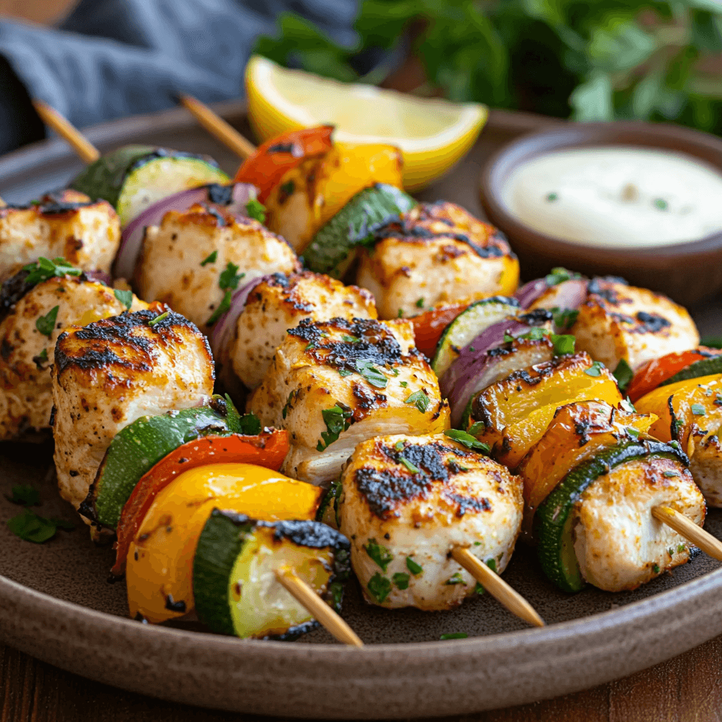 Grilled chicken skewers with vibrant vegetables on a plate, garnished with fresh parsley and served with a creamy dipping sauce.