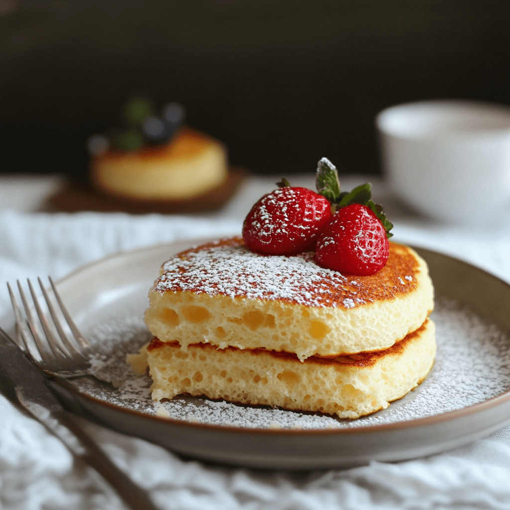 Fluffy Japanese soufflé pancakes dusted with powdered sugar, topped with fresh raspberries and a sprig of mint