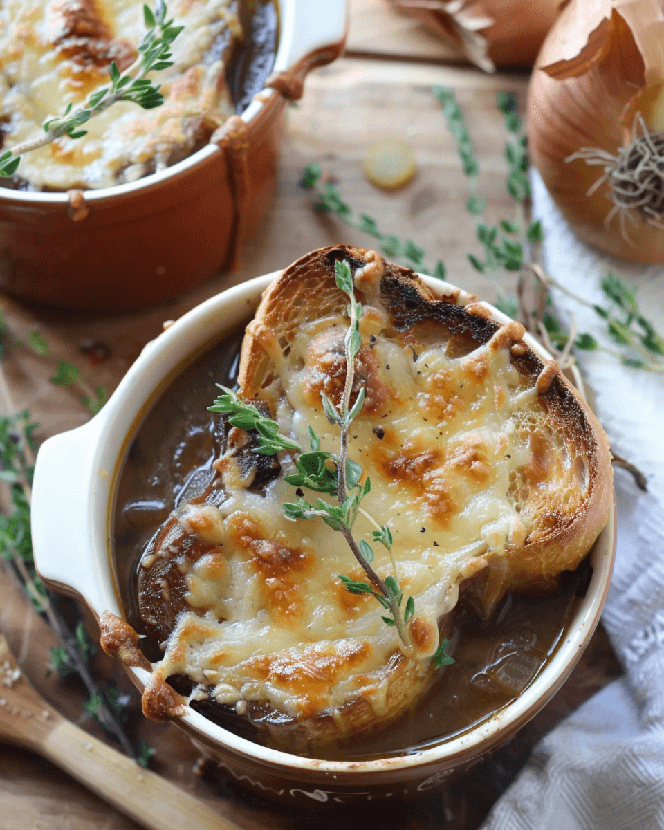 A bowl of French Onion Short Rib Soup topped with a toasted slice of bread covered in melted Gruyère cheese, garnished with fresh thyme.
