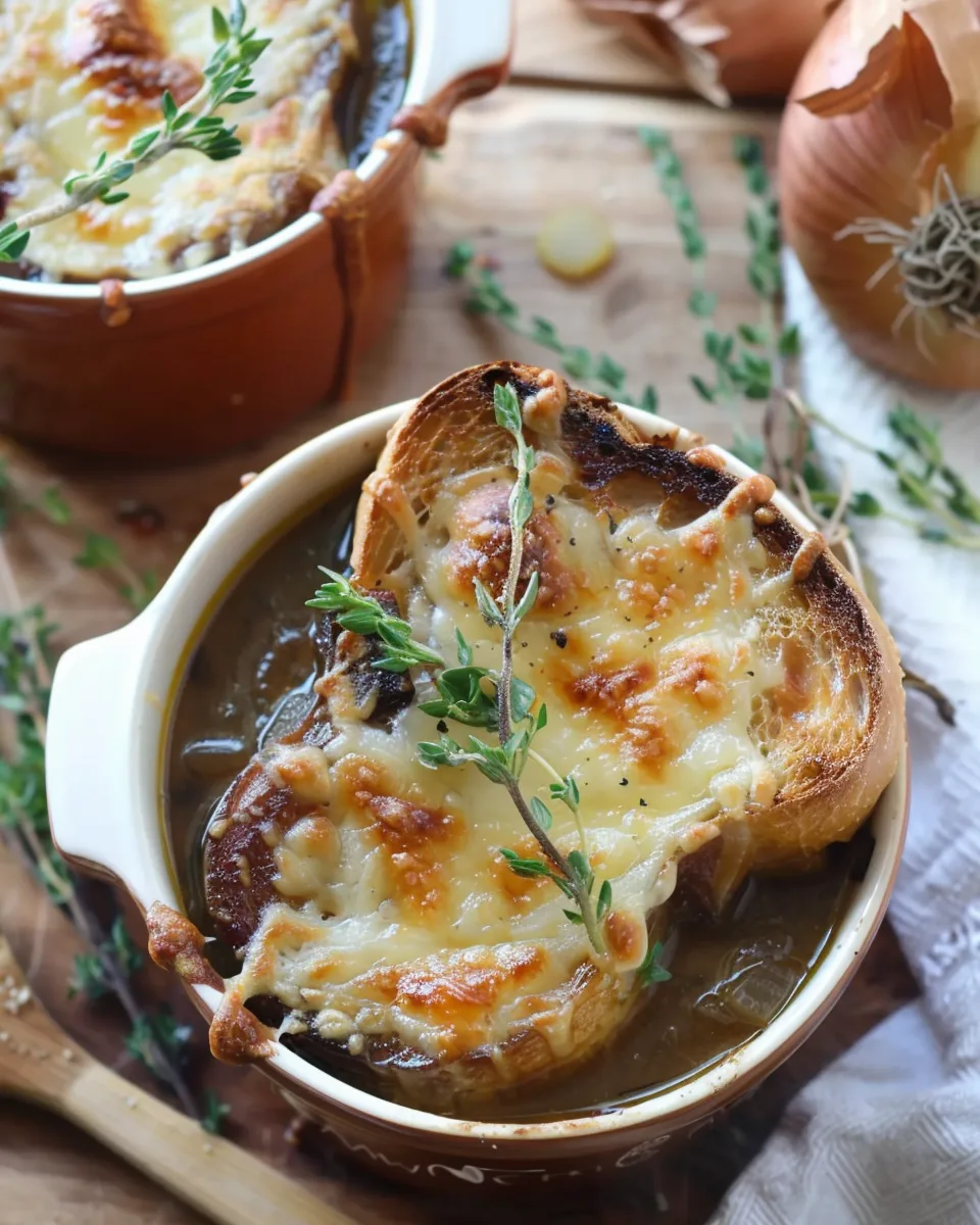 A bowl of French Onion Short Rib Soup topped with a toasted slice of bread covered in melted Gruyère cheese, garnished with fresh thyme.