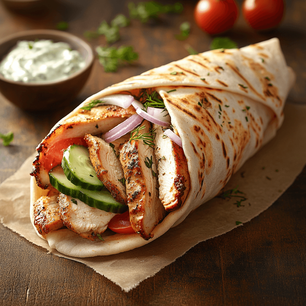 Greek chicken gyro wrapped in pita bread with grilled chicken slices, fresh cucumber, tomato, red onion, and dill, served with tzatziki sauce on the side