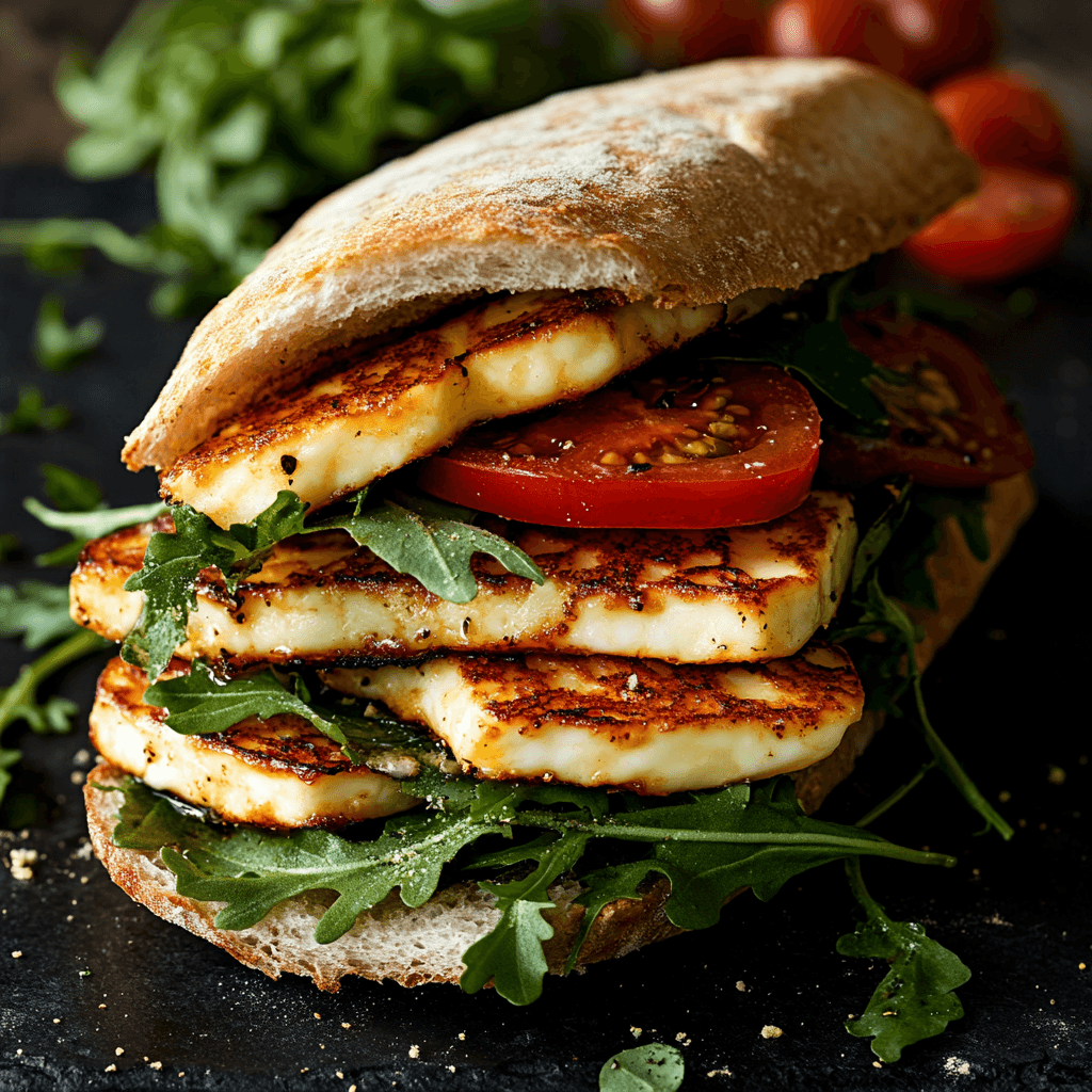 Grilled halloumi sandwich with fresh arugula, sliced tomatoes, and rustic bread, served on a dark surface.