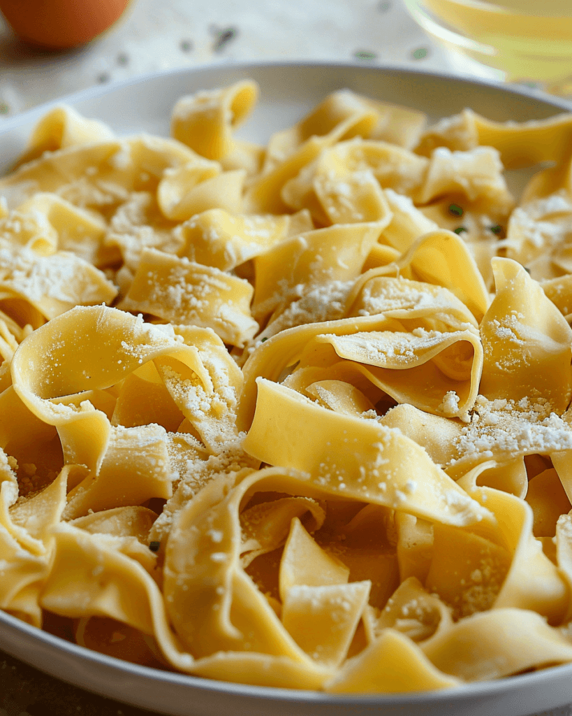 A close-up of homemade egg noodles topped with grated cheese, showcasing their rich texture and golden color.