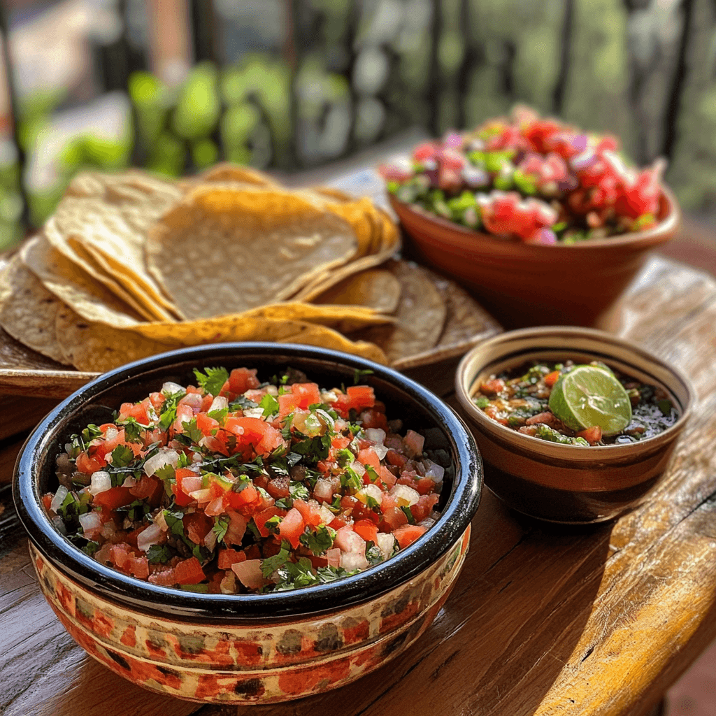 A colorful spread featuring a bowl of fresh pico de gallo, corn tortillas, and bowls of salsa on a wooden table, with a vibrant outdoor backdrop.