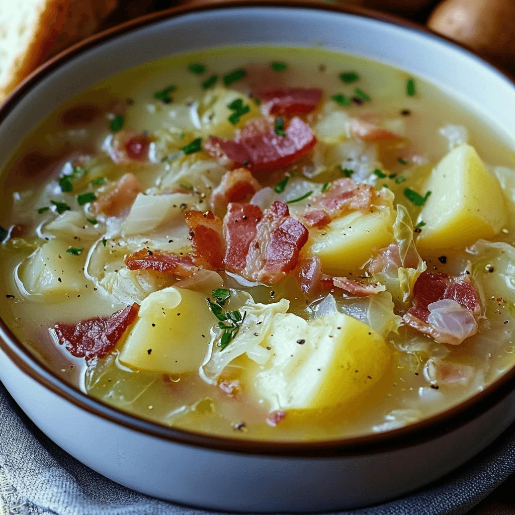 A hearty bowl of soup featuring diced potatoes, cabbage, and crispy bacon garnished with fresh parsley.