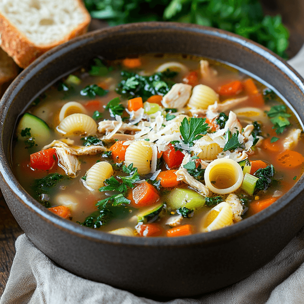 A hearty bowl of chicken noodle soup with shell pasta, fresh vegetables, and herbs, topped with grated cheese and parsley.