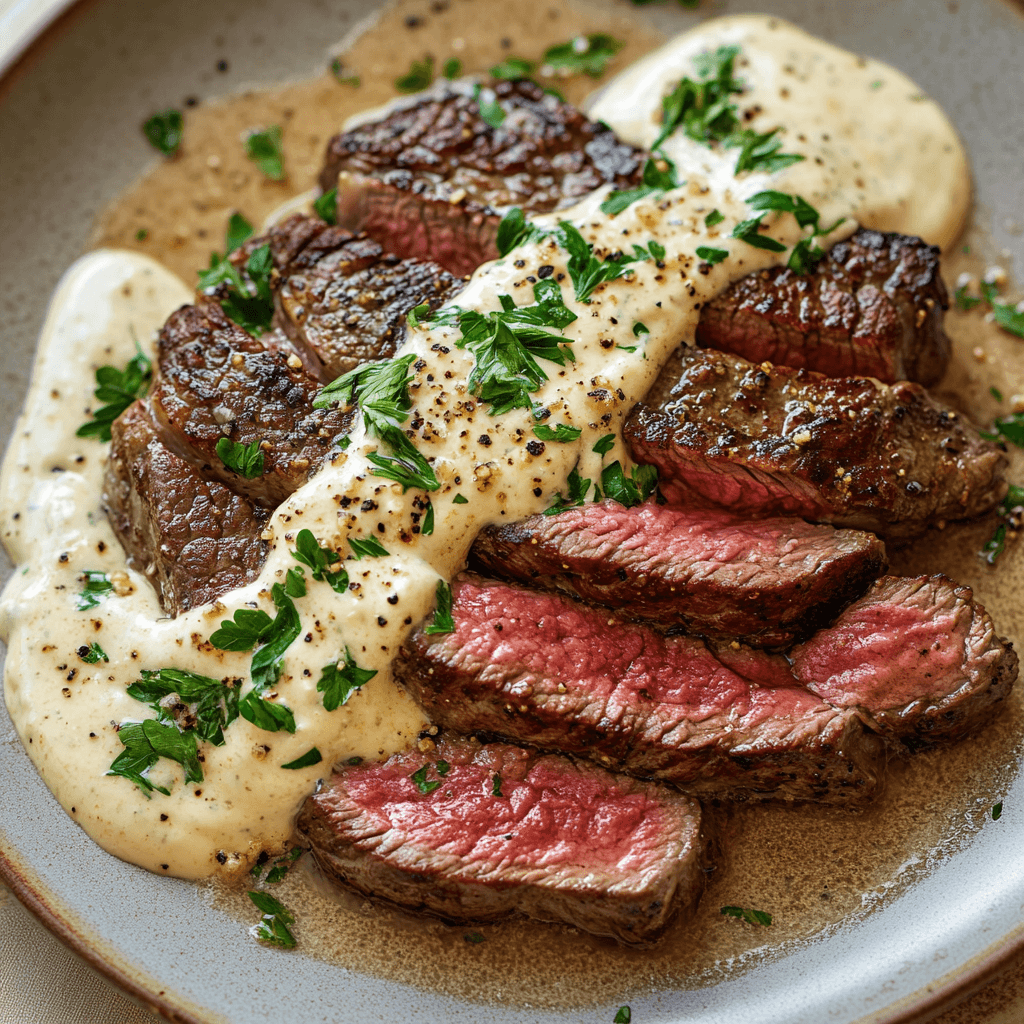 Perfectly seared steak slices topped with a creamy garlic sauce and garnished with fresh parsley on a plate