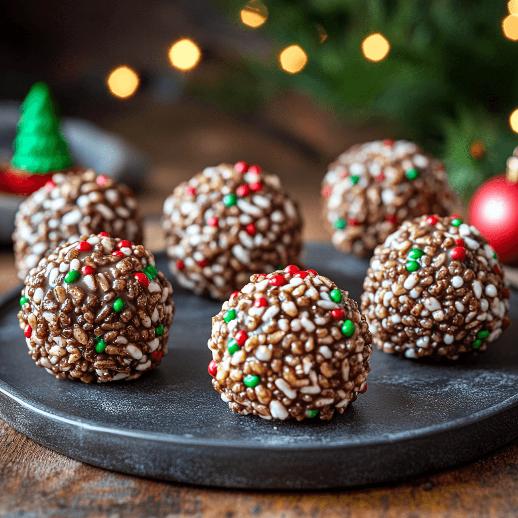 Festive Christmas Chocolate Rice Krispie Balls coated in chocolate and decorated with red, green, and white sprinkles, served on a dark plate with holiday lights in the background.