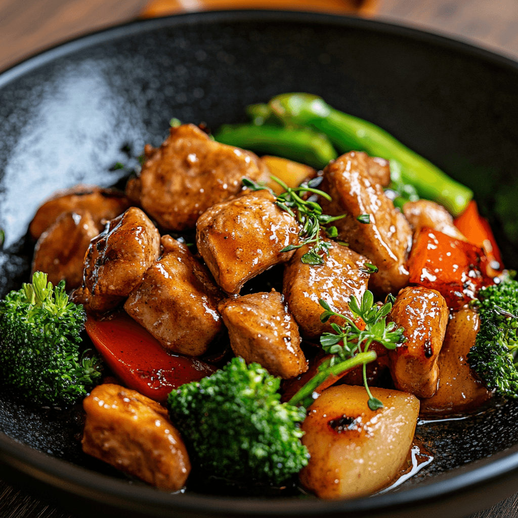A black bowl filled with glazed seitan chunks, broccoli, red bell peppers, potatoes, and fresh herbs.