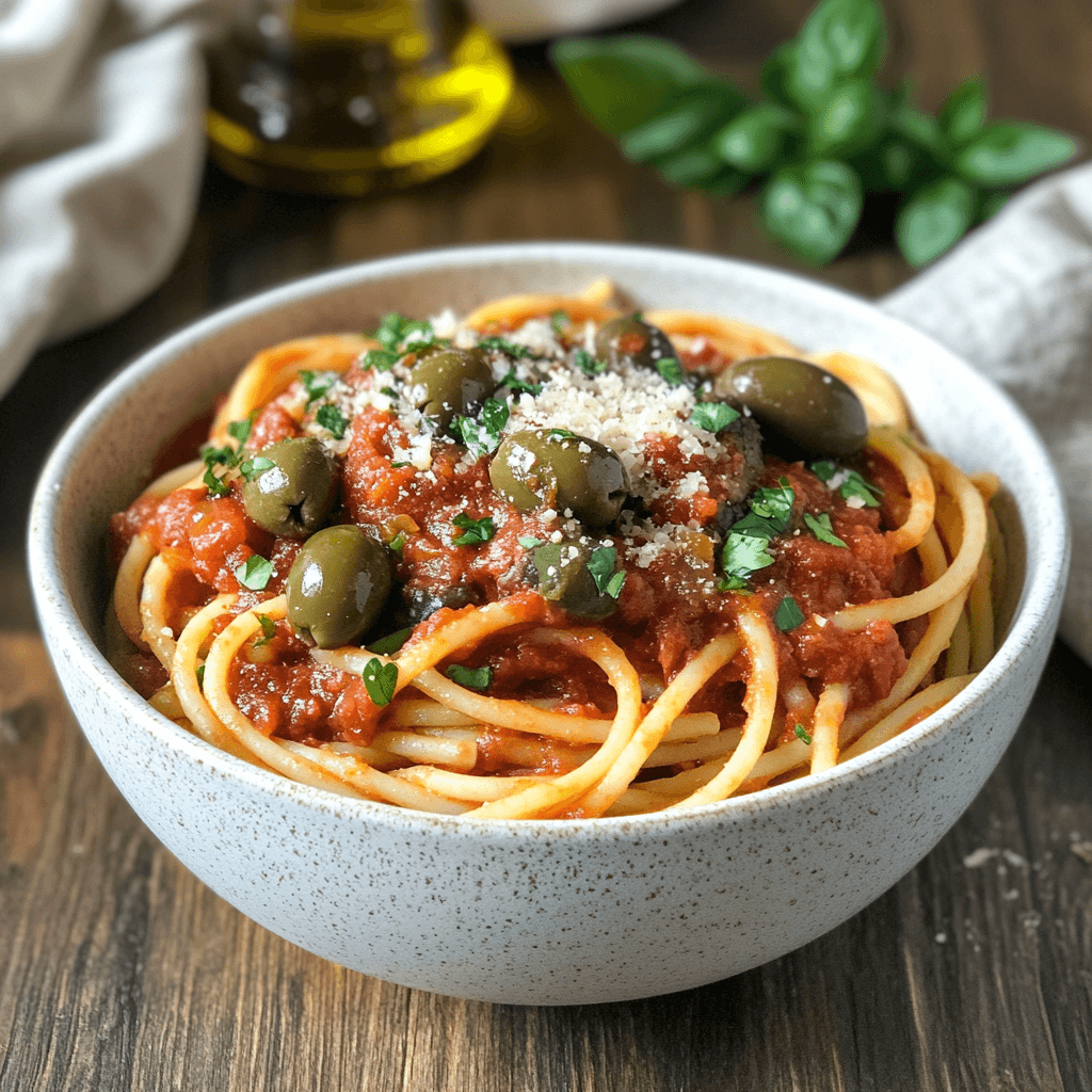A bowl of Pasta Puttanesca topped with green olives, fresh parsley, and grated cheese, served on a rustic wooden table