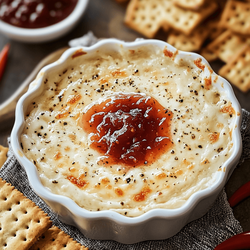 A close-up of a creamy cheese dip with a dollop of red pepper jelly in the center, served in a white scalloped dish, surrounded by crackers
