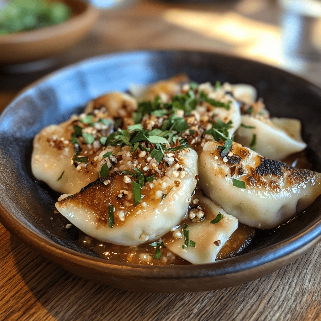 A plate of golden-brown pan-fried pierogi topped with fresh herbs, crispy garlic, and chili flakes, served in a rustic bowl.