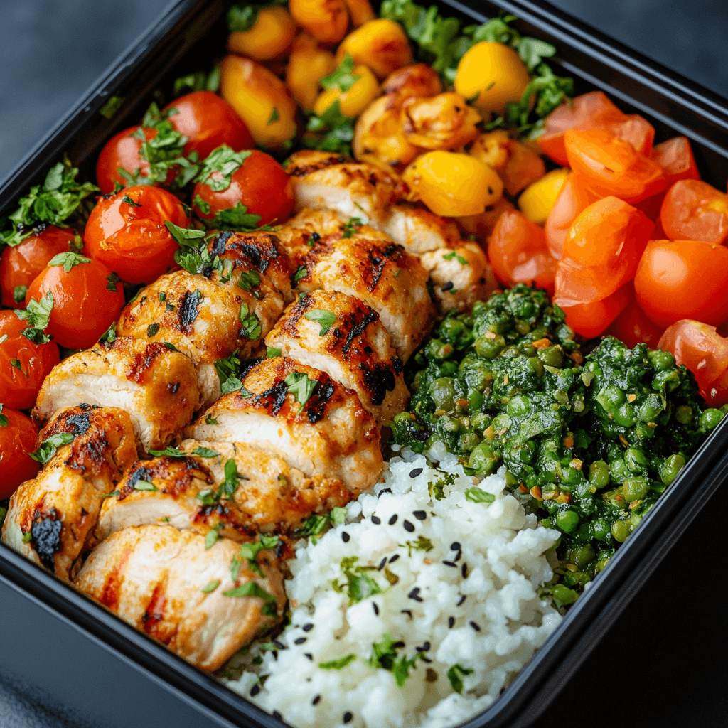 A nutritious high-protein lunch featuring grilled chicken, cherry tomatoes, seasoned greens, white rice with black sesame seeds, and fresh herbs
