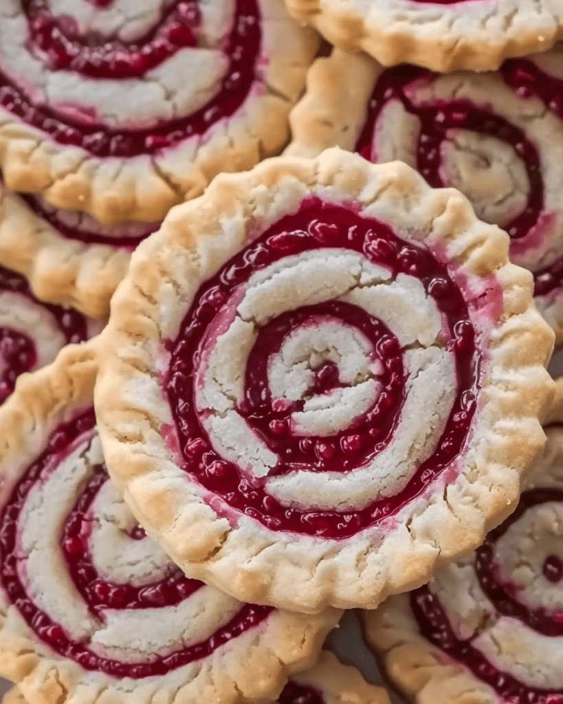 A close-up of raspberry swirl shortbread cookies with a golden, flaky crust and a vibrant red raspberry filling in a spiral pattern.