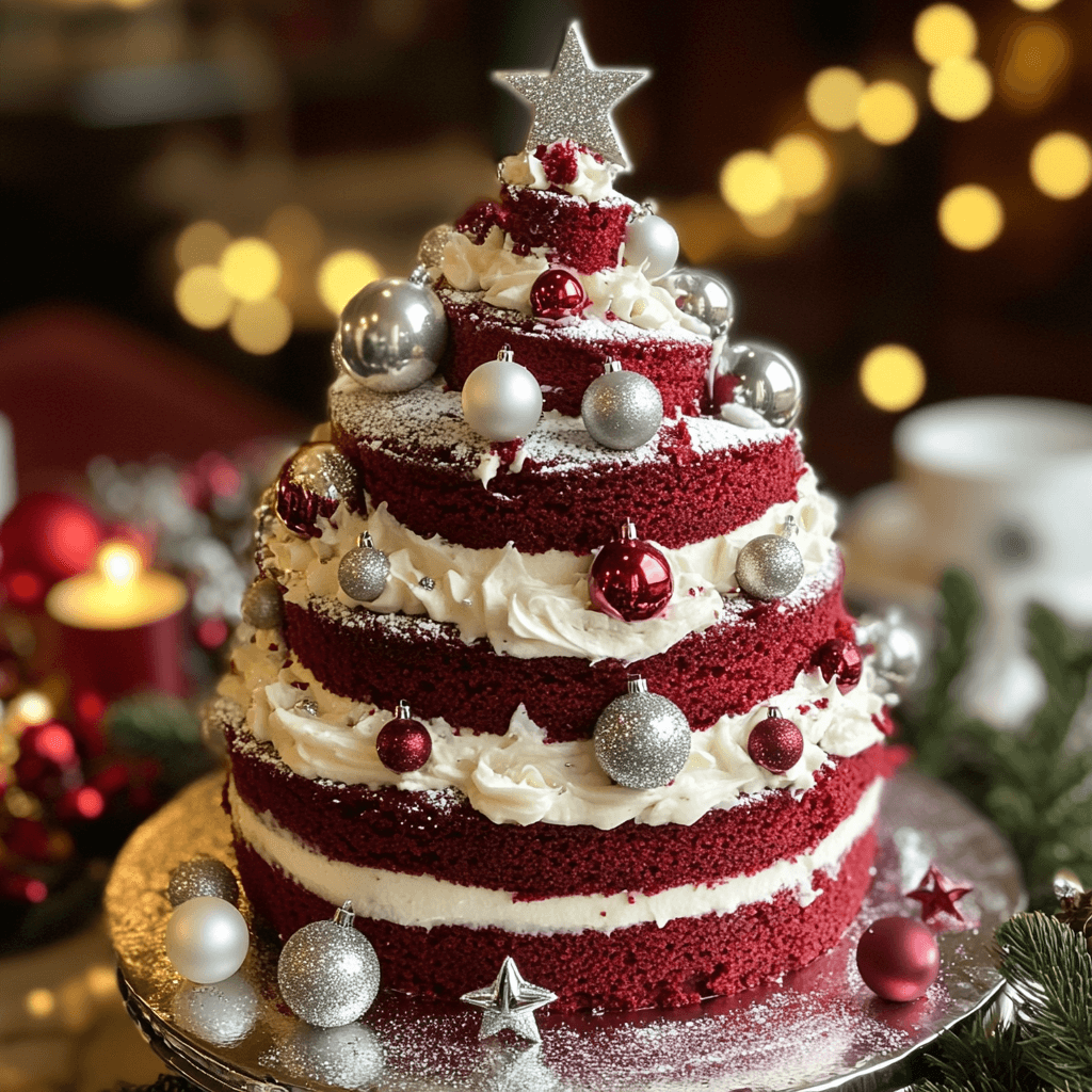 A festive red velvet tree-shaped cake decorated with cream cheese frosting, silver and red edible baubles, and a glittering star topper, set against a cozy holiday backdrop with glowing lights.