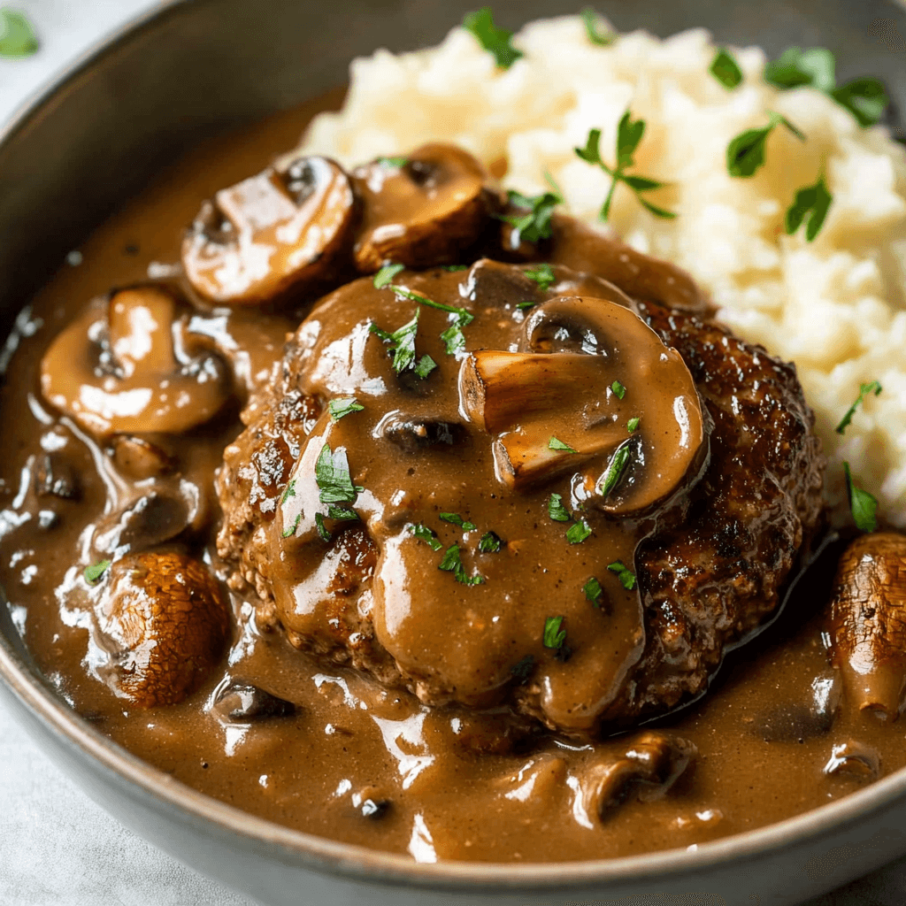 Salisbury steak topped with rich mushroom gravy, served alongside creamy mashed potatoes and garnished with fresh parsley.