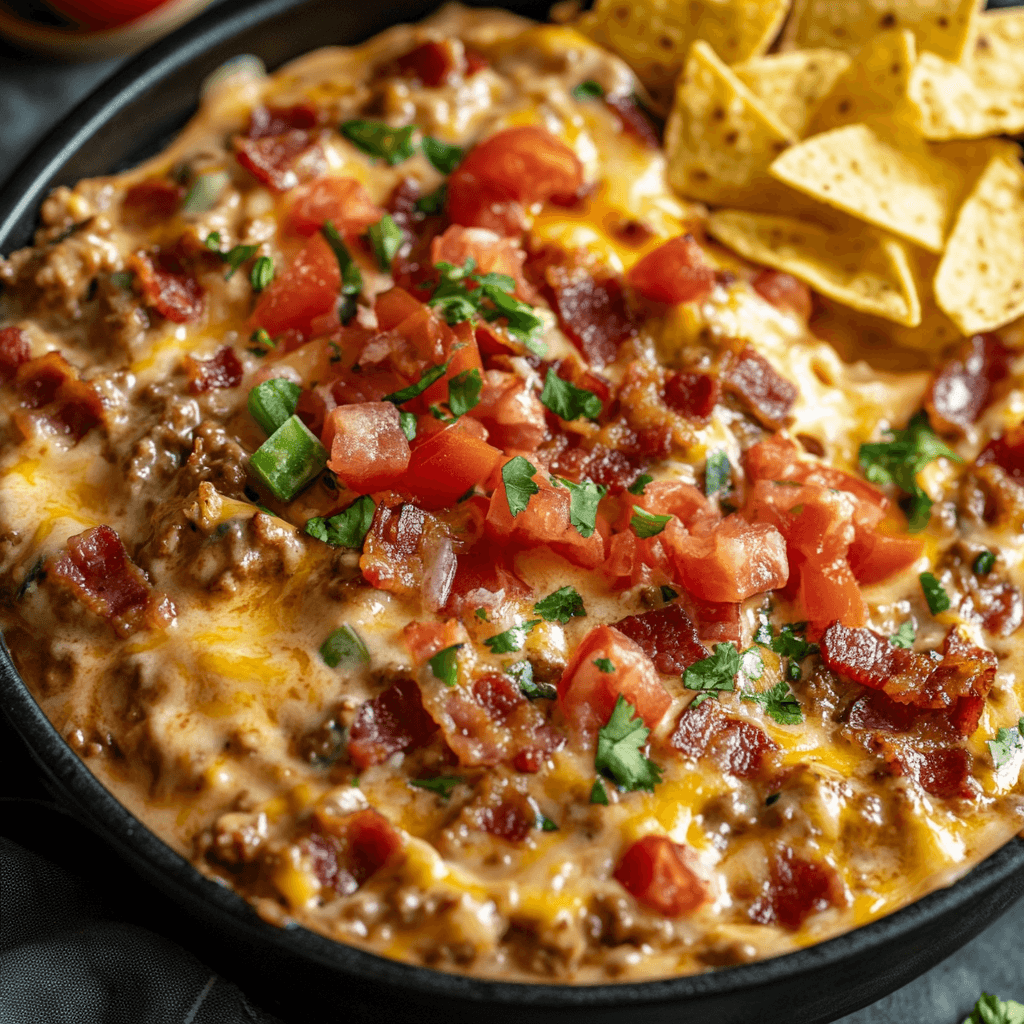 A sizzling skillet of bacon cheeseburger queso dip topped with crispy bacon bits, fresh diced tomatoes, jalapeños, and cilantro, served alongside tortilla chips.