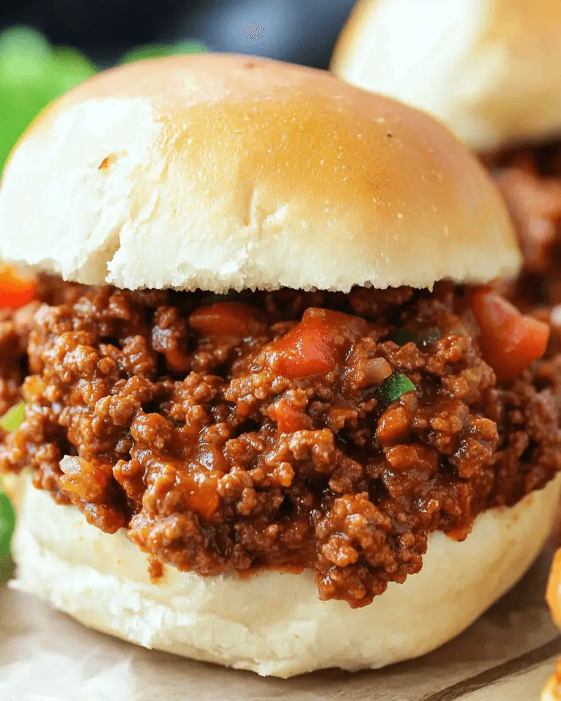 A close-up of a homemade Sloppy Joe sandwich with a soft bun and a rich, saucy ground beef filling, garnished with diced tomatoes and green peppers.