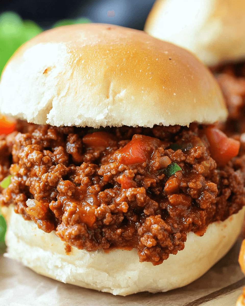 A close-up of a homemade Sloppy Joe sandwich with a soft bun and a rich, saucy ground beef filling, garnished with diced tomatoes and green peppers.