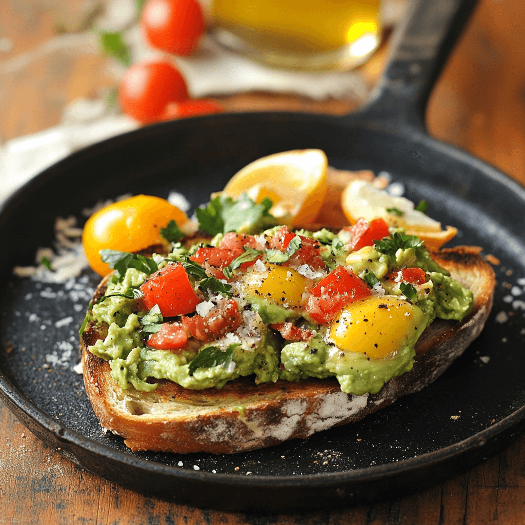 Smashed avocado on toasted sourdough, topped with cherry tomatoes, fresh herbs, grated cheese, and black pepper, served on a rustic skillet.