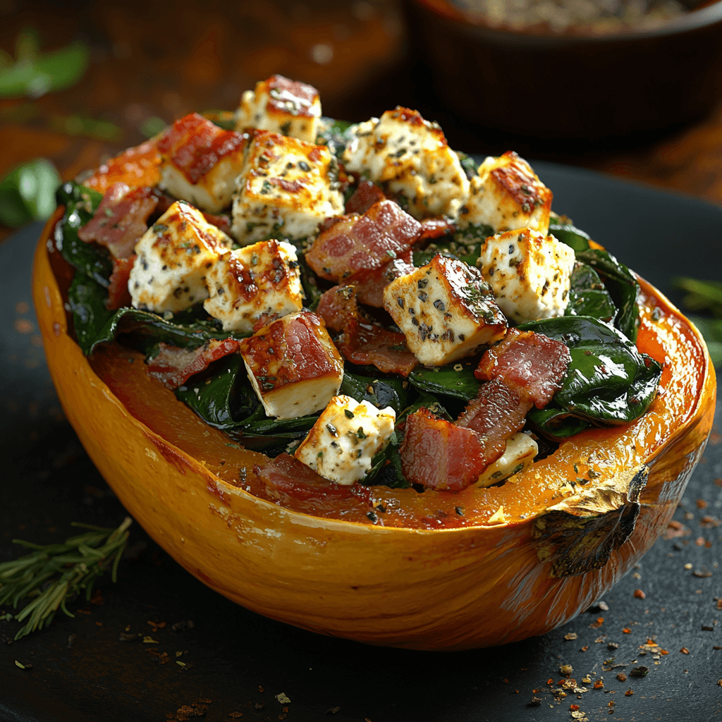A roasted butternut squash half stuffed with sautéed spinach, crispy bacon, and seasoned feta cheese, served on a black plate garnished with herbs