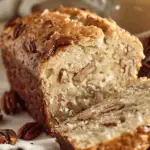 A freshly baked loaf of Sweet Alabama Pecan Bread, golden brown with crunchy pecans on top and inside, sliced to reveal its soft, moist texture.