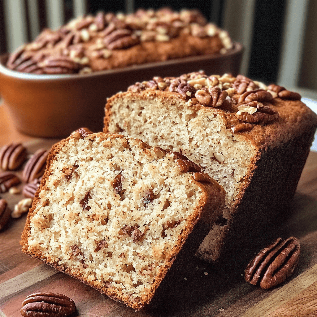 Freshly baked pecan bread with a slice cut, showcasing a moist and nutty texture, topped with pecans