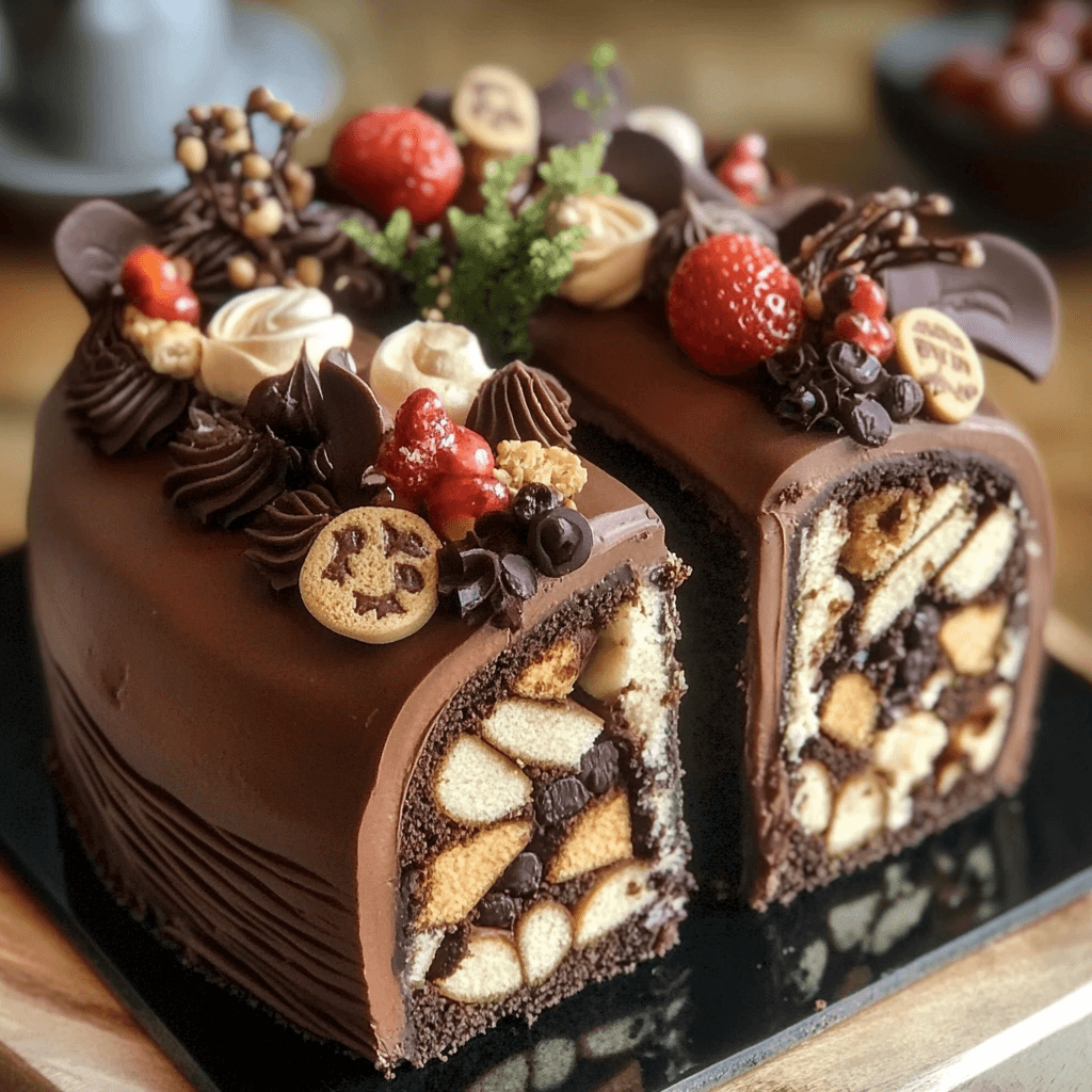 A beautifully decorated chocolate Swiss roll with a slice revealing its intricate Black Forest-inspired layers, filled with biscuits, chocolate chips, and whipped cream, garnished with fresh berries and chocolate embellishments.