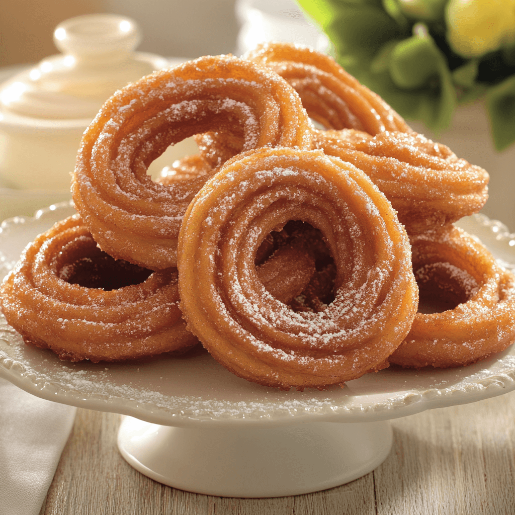 Golden, crispy churros dusted with powdered sugar, arranged on a white cake stand in a warm, inviting setting.