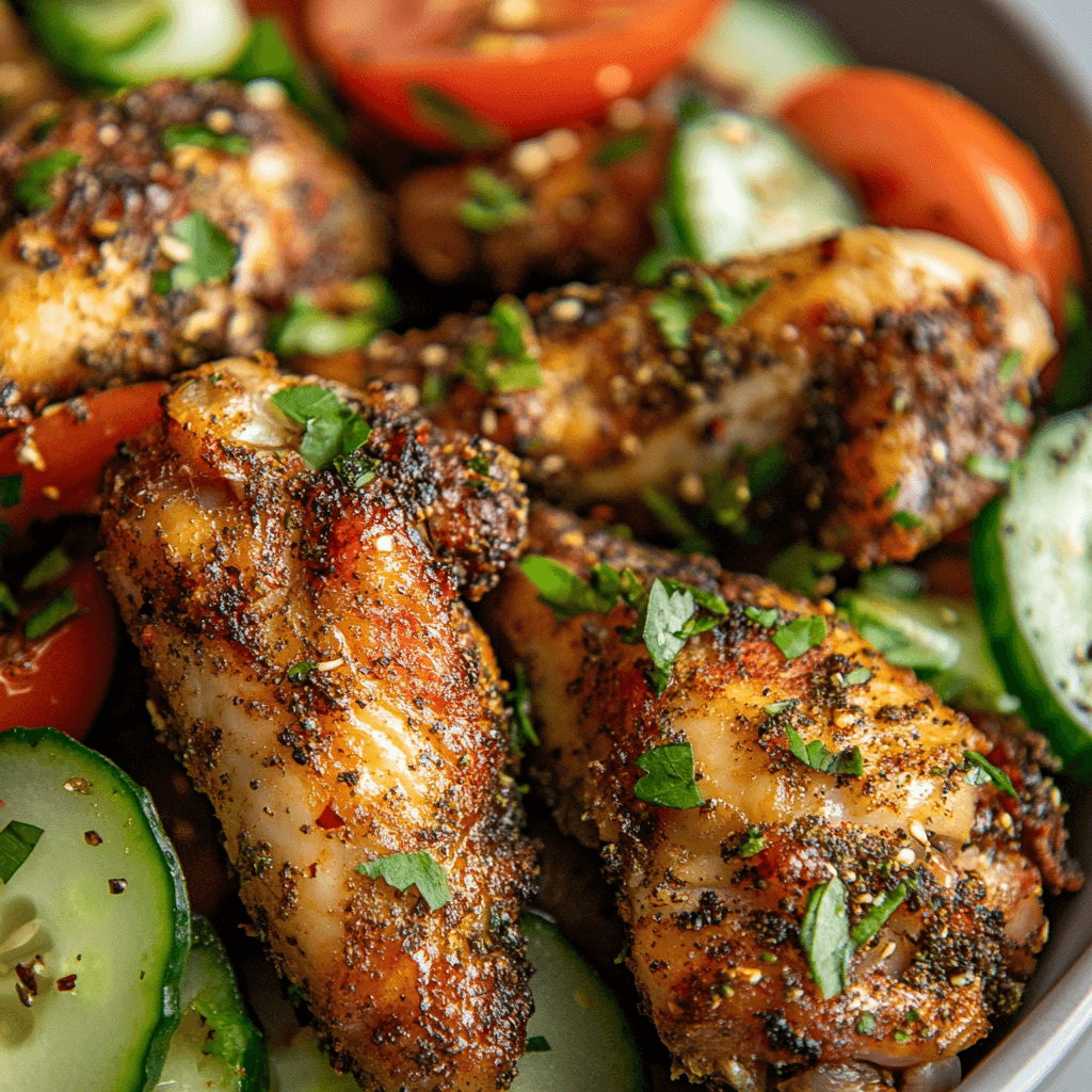 Close-up of crispy Za'atar chicken wings served with fresh cucumber and tomato salad, garnished with herbs on a rustic wooden table