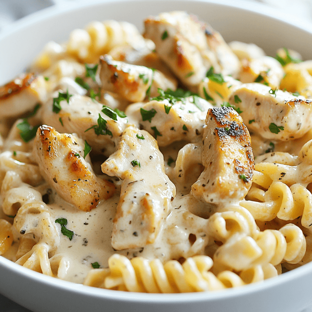 Close-up of creamy Boursin chicken pasta with tender chicken pieces, pasta swirls, and a rich garlic herb sauce