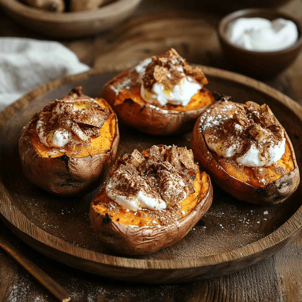 Four air-fried baked sweet potatoes served on a wooden plate, topped with dollops of cream, a drizzle of honey, crispy toppings, and a dusting of cinnamon.